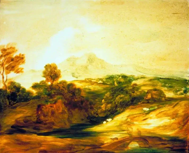 Valtatie maisemakuva puiden kanssa, ihmisiä sillalla, mökki, lampaita ja kaukaisia vuoria - Thomas Gainsborough