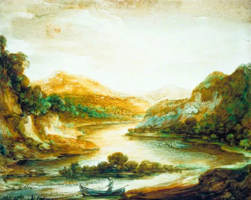 Vesistömaisema puiden kanssa, kalastaja veneessä, korkeiden jokilaaksojen ja kaukaisten vuorten kanssa - Thomas Gainsborough