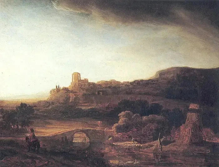 Maisema raunioiden ja tuulimyllyn kanssa - Rembrandt