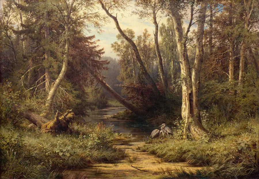 Metsäinen maisema haikaroiden kanssa - Ivan Chichkine
