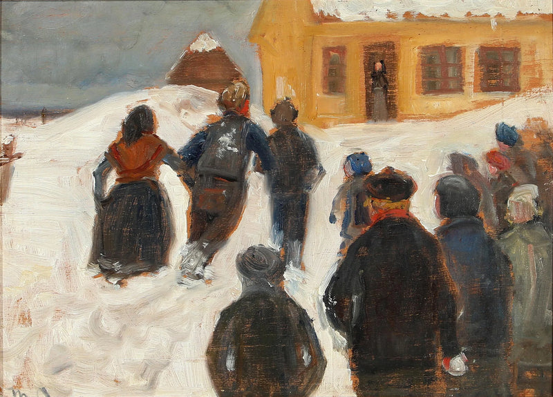 Talvimaisema ja ihmisiä kaduilla. - Michael Peter Ancher