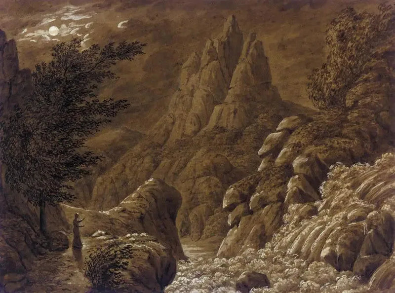 Idealisoitu maisema vesiputouksella - Caspar David Friedrich