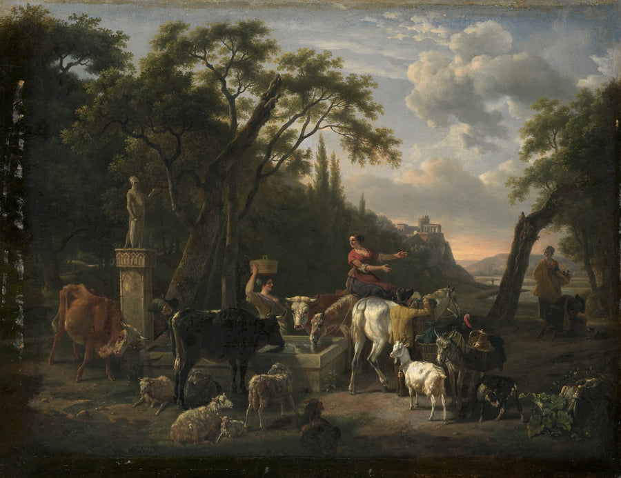 Paysage italien avec des bergers et du bétail à un point d'eau - Jean-Louis de Marne