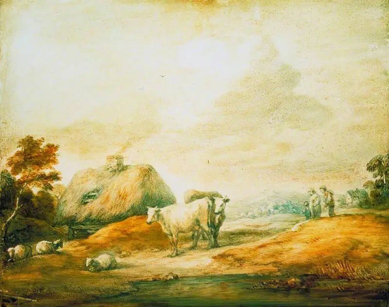 Avoin maisema maanviljelijöillä, lehmäkarkailu, lampaat, mökit ja uima-allas - Thomas Gainsborough