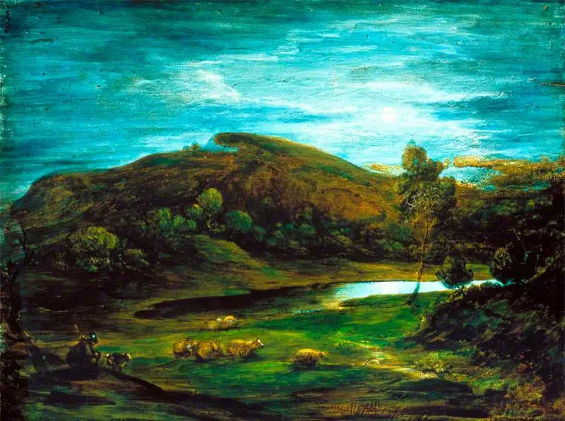 Avoin maisema paimenella, lampaita, uima-allas ja kaukaisia mäkiä - Thomas Gainsborough