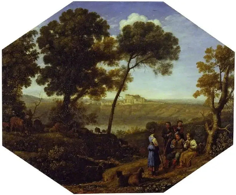 Maisemakuva laidunmaasta Albano-järven ja Castel Gandolfon kanssa - Claude Lorrain