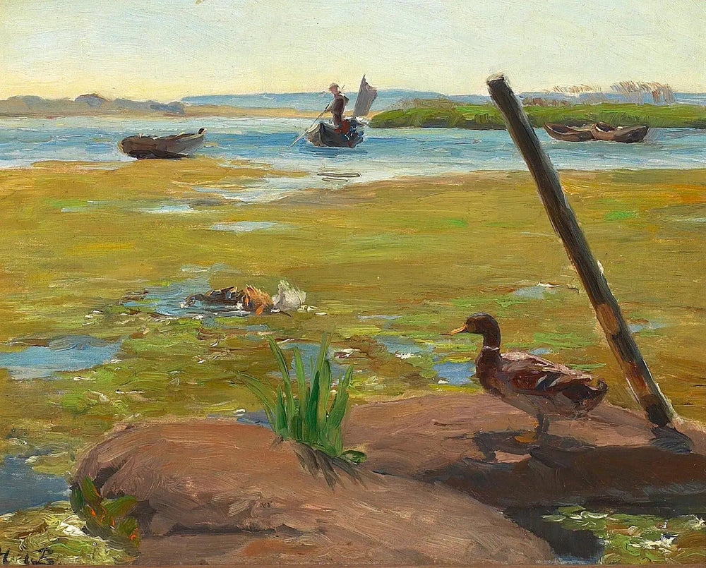 Paysage près de Jyllinge avec un canard. À l’arrière-plan un homme fait du punting. - H. A. Brendekilde - Alpha