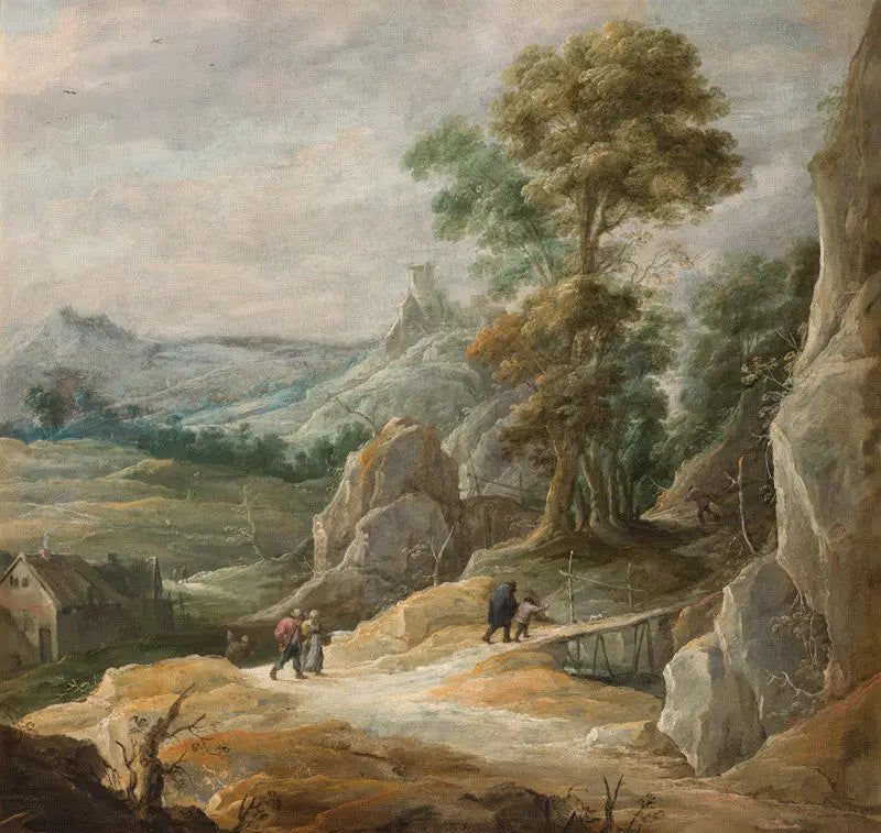 Kallioinen maisema pyhiinvaeltajien kanssa - David Teniers nuorempi