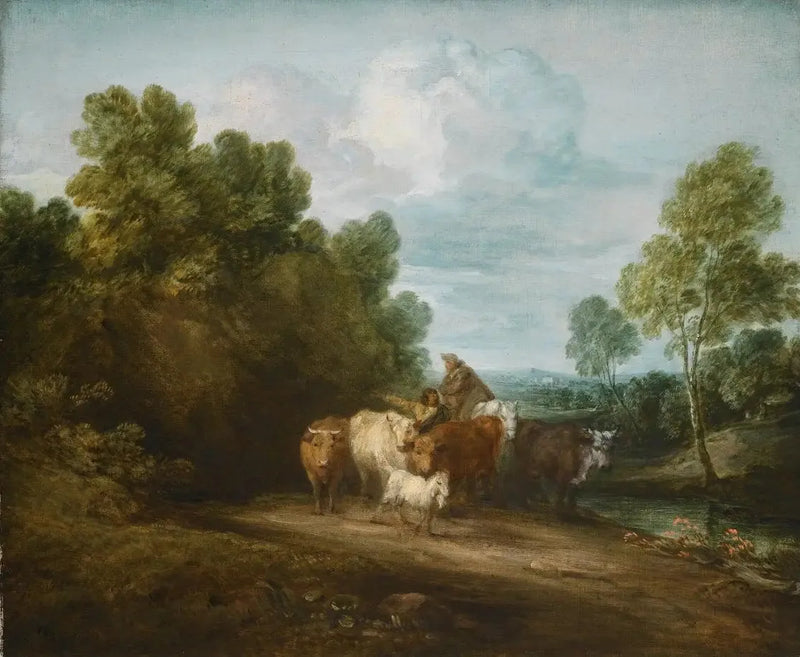 Kallioinen metsämaisema maatilalla, jossa ratsastava maanviljelijä, paimen ja karjaa, sekä rakennus kauempana - Thomas Gainsborough