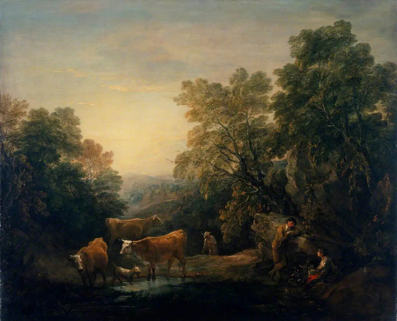 Kallioinen ja metsäinen maisema rustiikkisten rakastavaisien, paimenen ja lehmien kanssa - Thomas Gainsborough