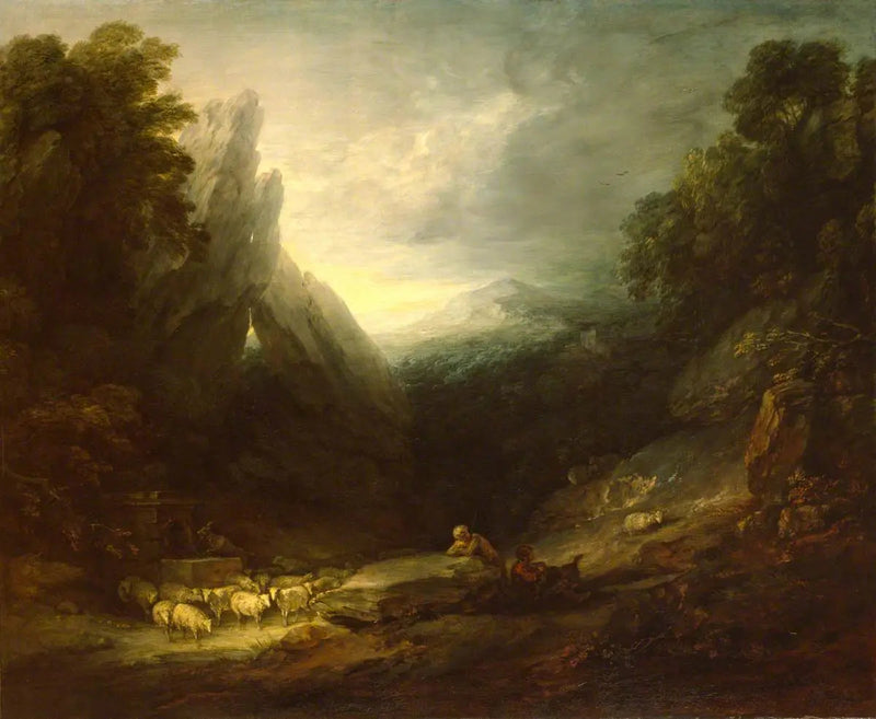 Romanttinen maisema lampaiden kanssa lähteellä - Thomas Gainsborough
