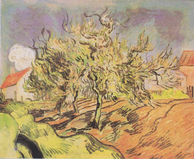Maisema kolmen puun ja talojen kanssa - Vincent van Gogh