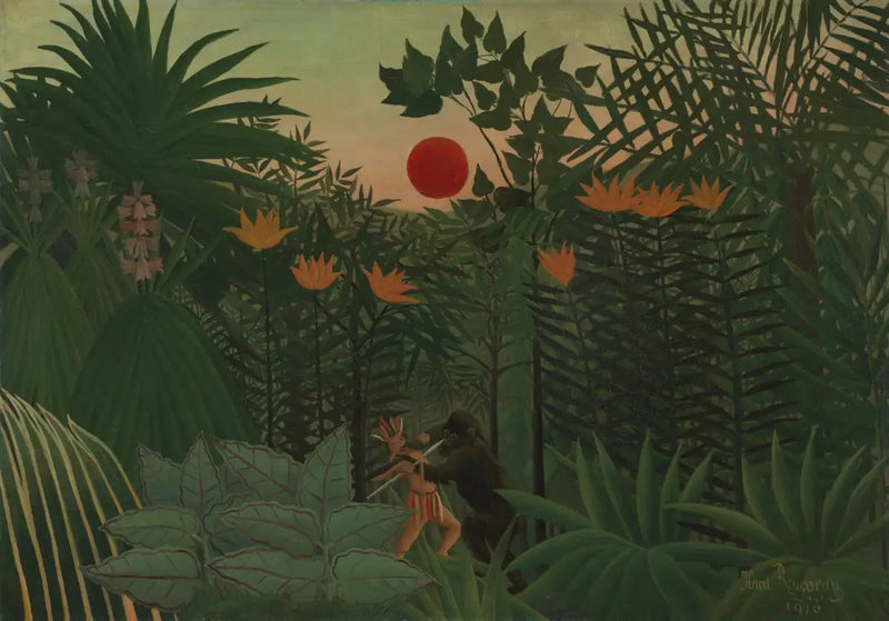 Trooppinen maisema: intiaanin ja gorillan taistelu - Henri Rousseau