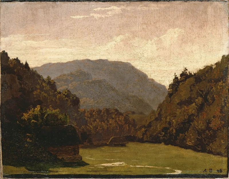 Mäntymetsäinen maisema mäkien ja mökkien kanssa ja puro tasangolla - Arnold Böcklin