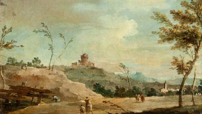 Paysage vallonné avec une tour en ruine - Francesco Guardi image 1 reproduction de peinture à l’huile