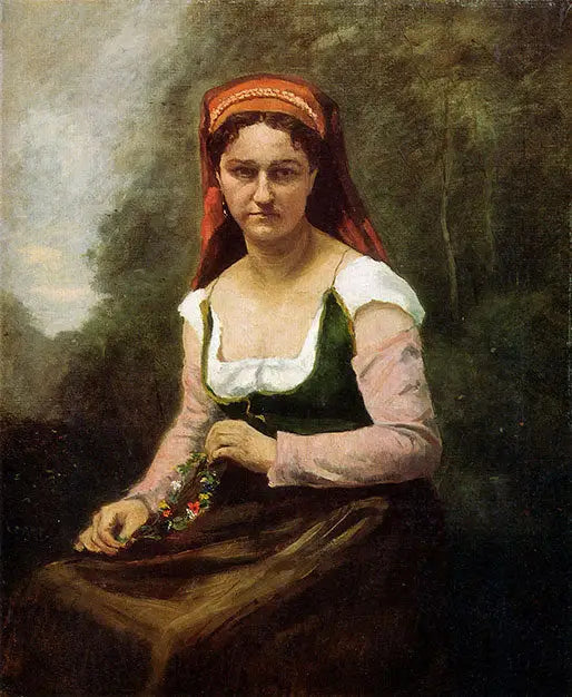 Istuva maatilalainen vihreässä ympäristössä, pitäen kukkaseppelettä - Jean-Baptiste Camille Corot