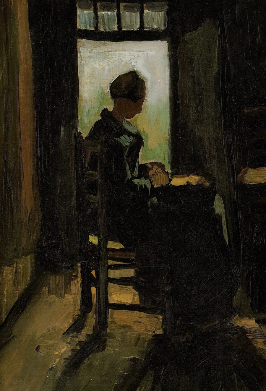 Maatilatar istuu avoimen oven edessä kuorimassa perunoita - Vincent van Gogh
