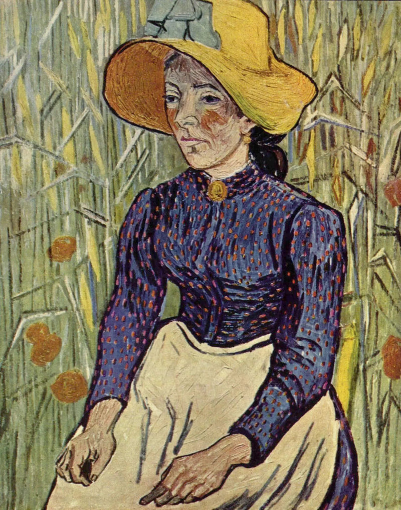 Olkihatullinen maalaistyttö istumassa viljakentän edessä - Vincent van Gogh