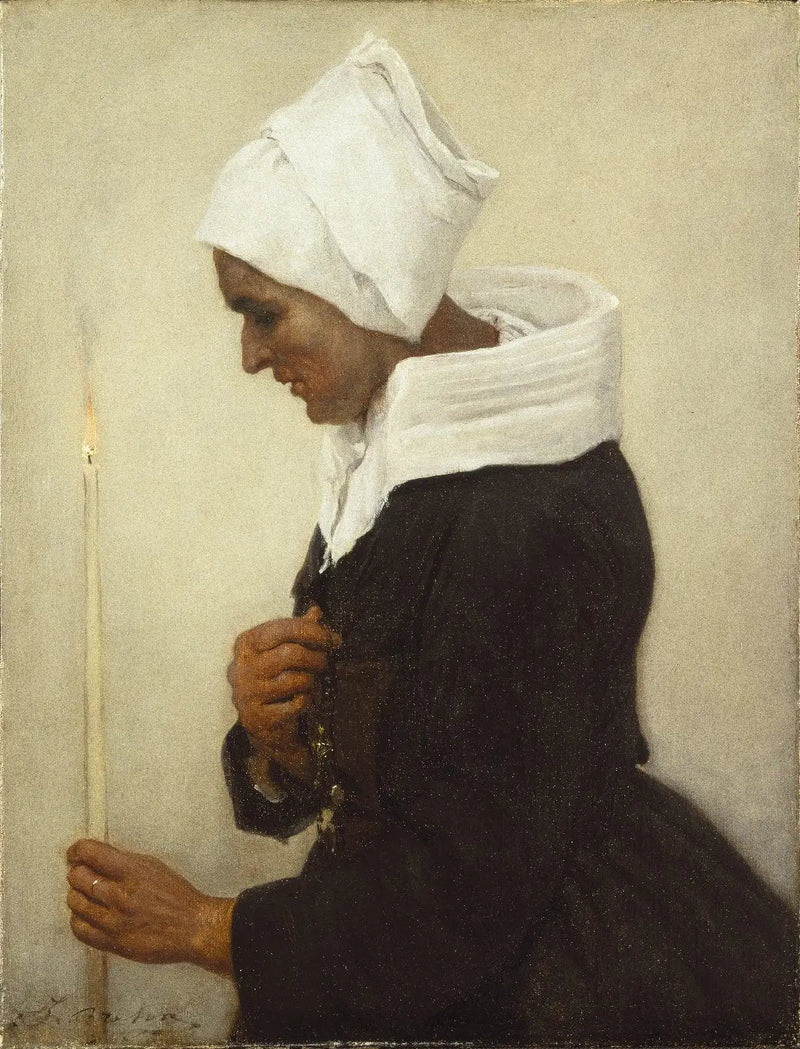 Brettonin maalaistyttö, joka pitää kynttilää - Jules Breton
