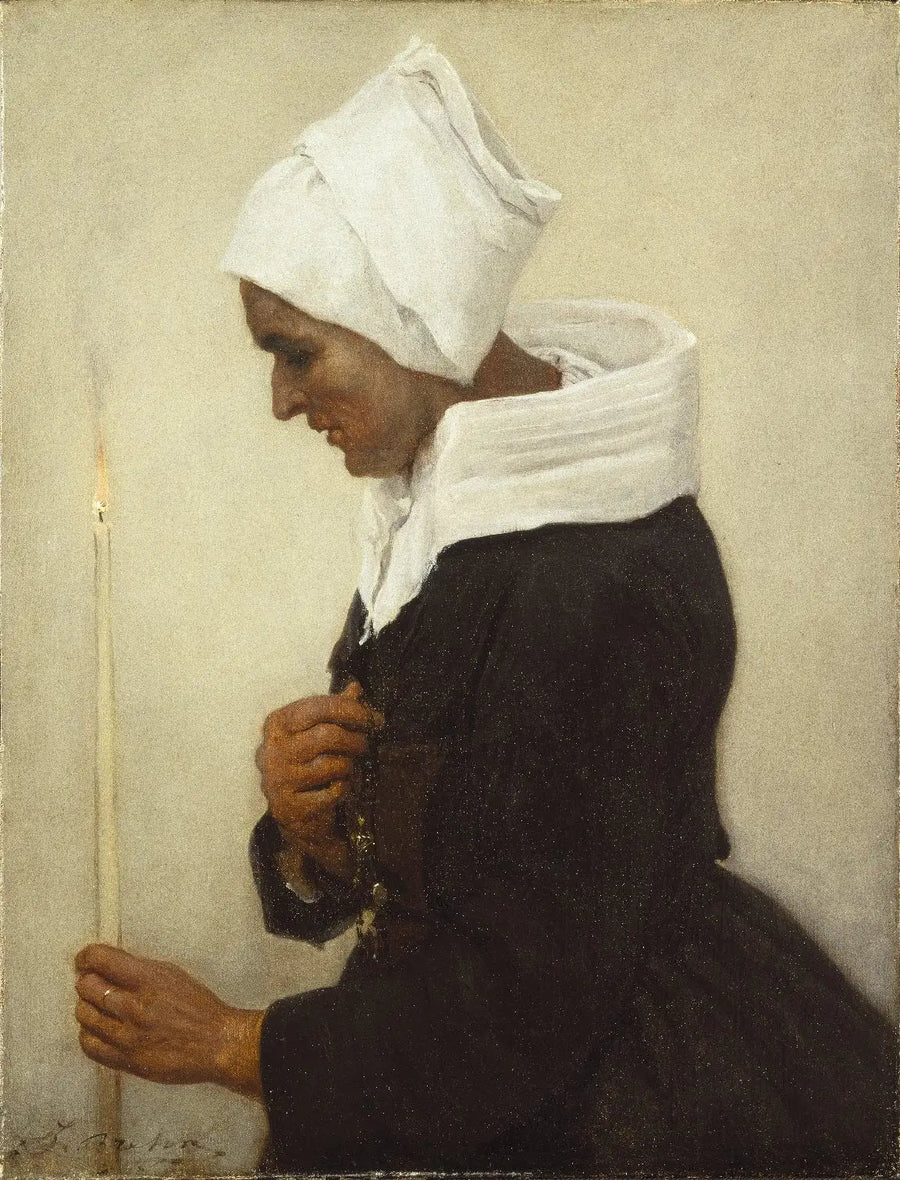 Brettonin maalaistyttö, joka pitää kynttilää - Jules Breton