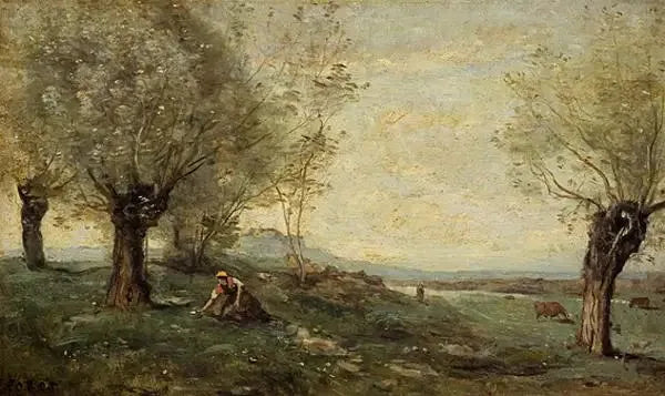 Peltolainen niittää ruohoa läheisessä saulaismetsässä - Jean-Baptiste Camille Corot