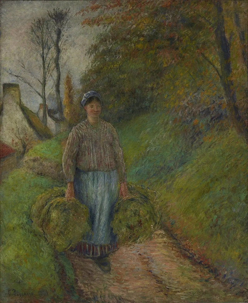 Maalaisnainen, joka kantaa kahta heinäkekoa - Camille Pissarro