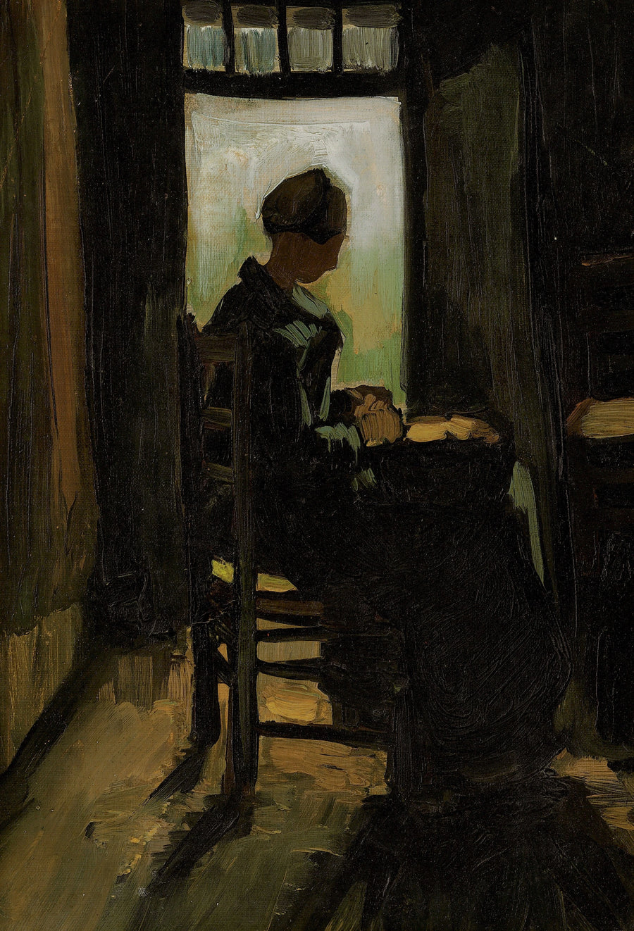 Maatilatar istuu avoimen oven edessä kuorimassa perunoita - Vincent van Gogh