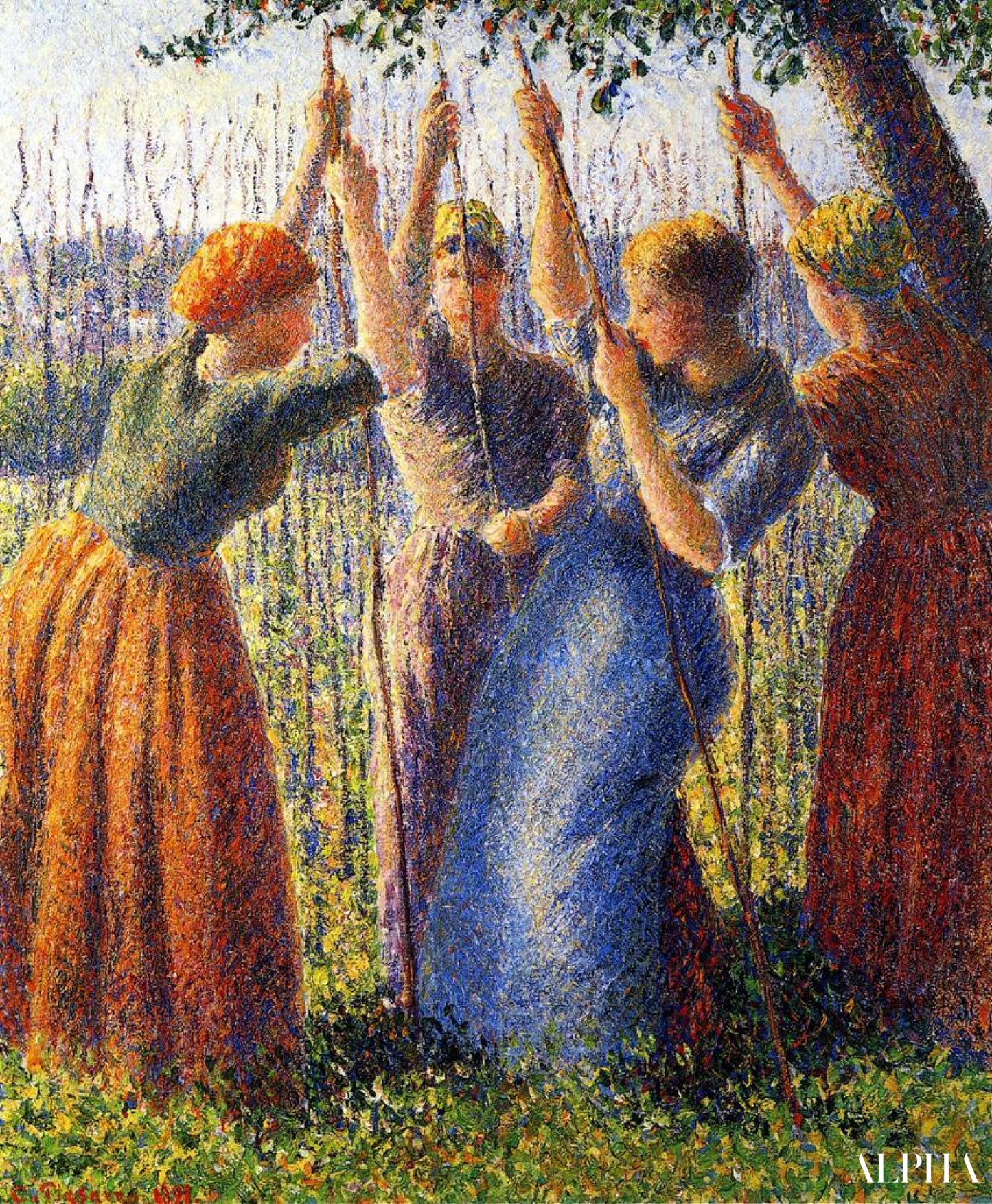 Maatalousnaiset istuttamassa tolppia - Camille Pissarro - Korkealaatuiset taulujen ja maalauksien reproduktiot