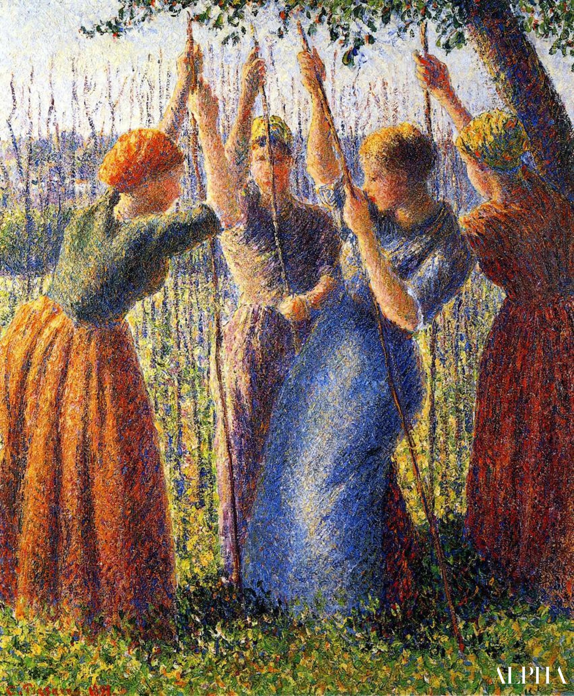Maatalousnaiset istuttamassa tolppia - Camille Pissarro - Korkealaatuiset taulujen ja maalauksien reproduktiot