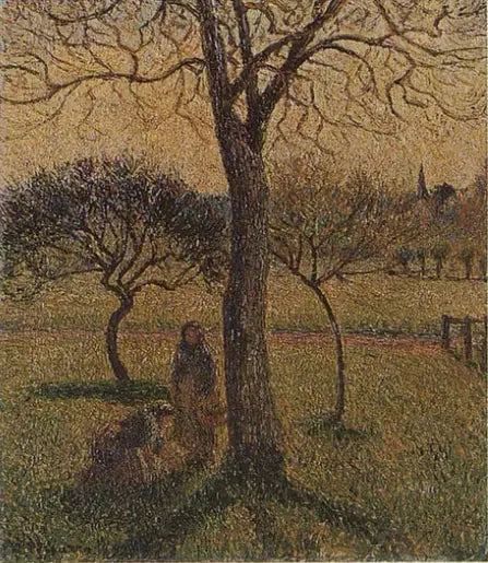 Maalaisnaisia pähkinäpuun lähellä - Camille Pissarro