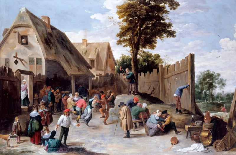 Maatalaiset tanssimassa pubin edessä - David Teniers nuorempi