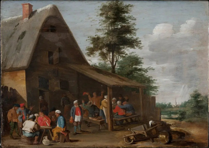 Maatilaiset juhlimassa kylän majatalon edessä - David Teniers nuorempi