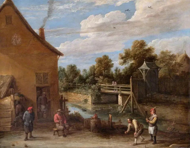 Maanviljelijät pelaamassa keilaa ravintolan edessä joen rannalla - David Teniers nuorempi