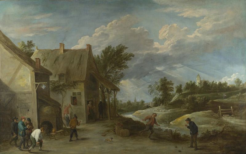 Maanviljelijät pelaamassa bouleja kylän pubin edessä - David Teniers nuorempi