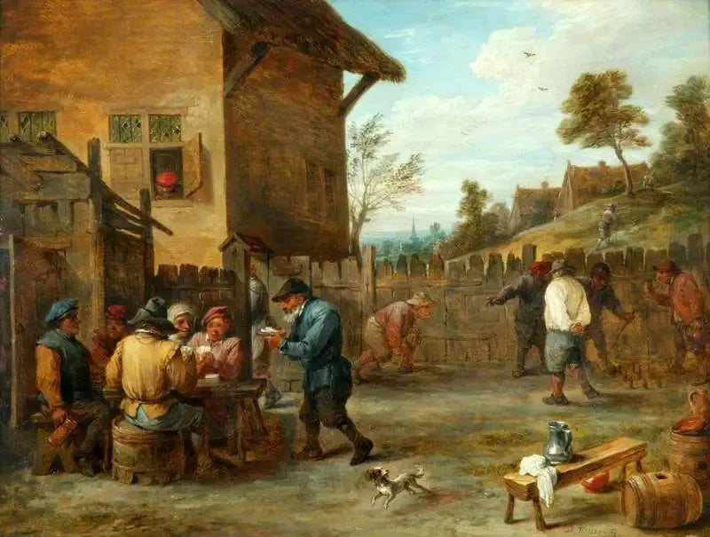 Maanviljelijät pelaamassa korttia ja keiloja pihalla - David Teniers nuorempi