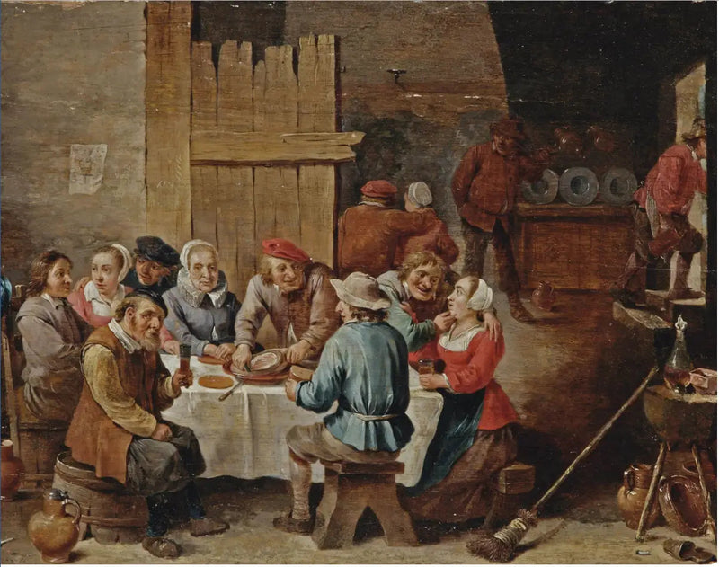 Maatalaiset syömässä ja juomassa sisätiloissa - David Teniers nuorempi