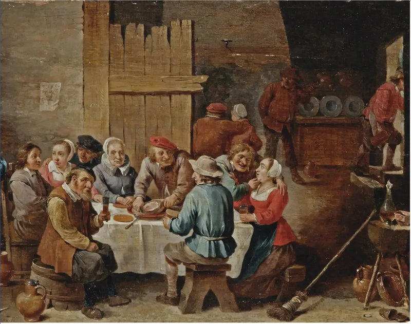 Maatalaiset syömässä ja juomassa sisätiloissa - David Teniers nuorempi