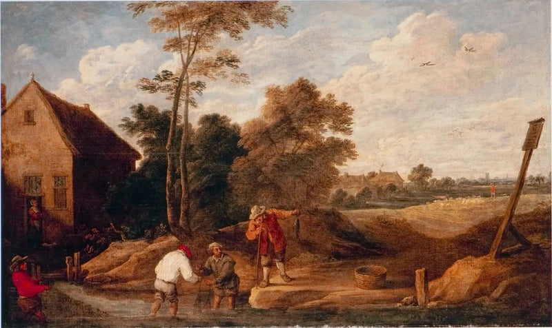 Maatilalaiset kalastamassa purossa, lähellä mökkiä - David Teniers nuorempi