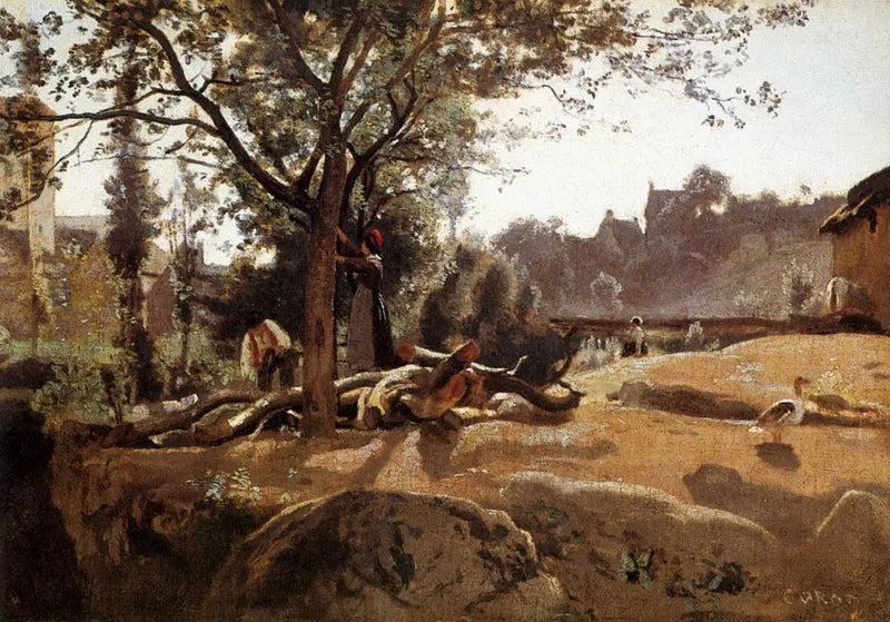 Maatilaiset puiden alla auringonnousussa - Jean-Baptiste Camille Corot