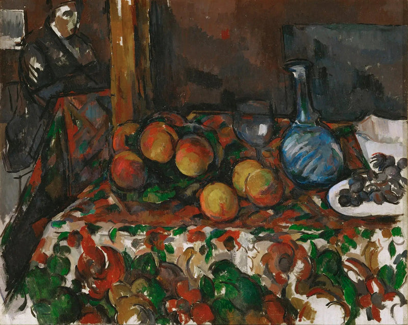 Persikoita, karahvi ja hahmo - Paul Cézanne