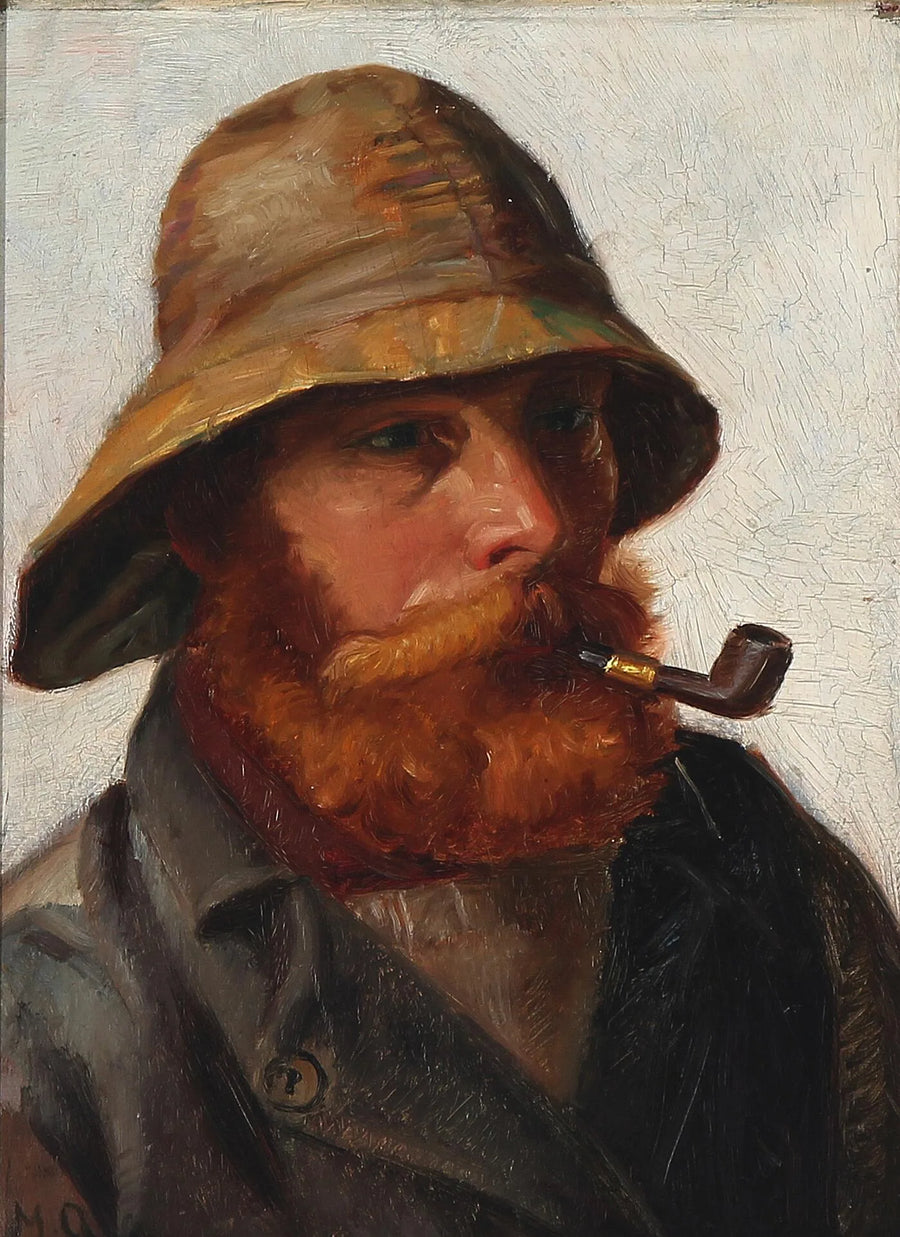Punapartainen kalastaja, yllään keltainen sadetakki ja piippua polttamassa. -Michael Peter Ancher