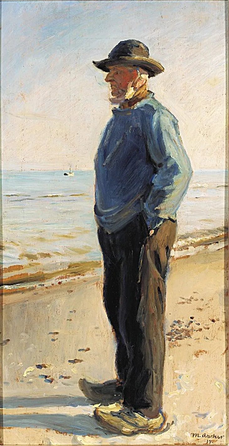 Skagenilainen kalastaja seisoo rannalla sinisessä anorakissa. -Michael Peter Ancher