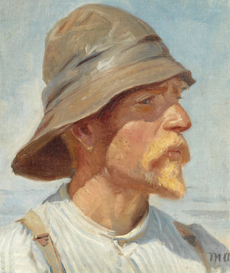 Skagenilainen kalastaja öljypuvussa, raidallisessa paidassa ja henkseleissä. - Michael Peter Ancher