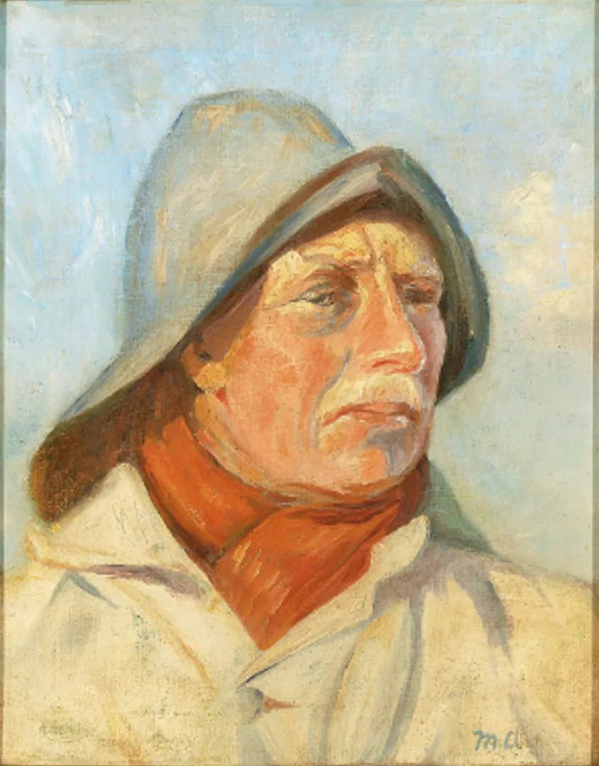 Kalastaja öljypuvussa ja punaisessa huivissa. - Michael Peter Ancher
