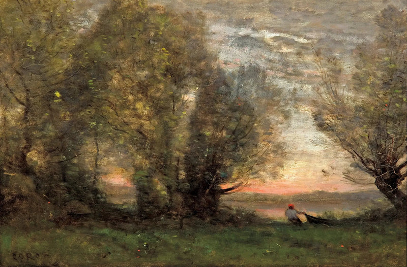 Kalastaja vetämässä venettään vanhan pihlajan vieressä, iltavaikutelma - Jean-Baptiste Camille Corot