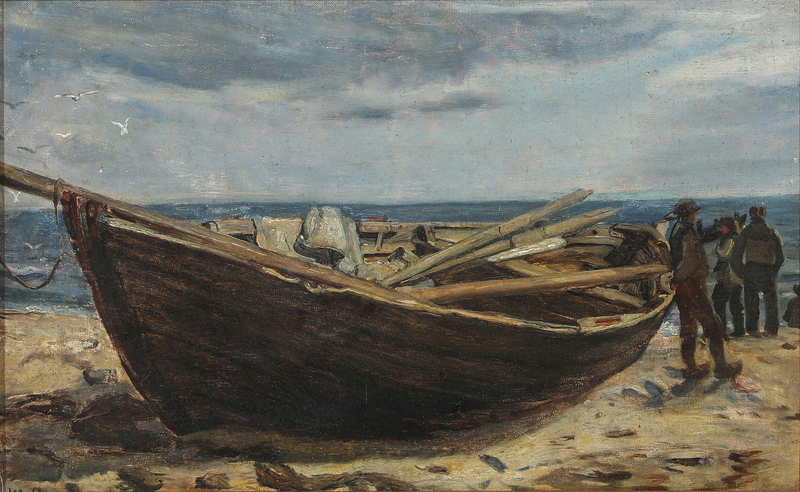 Kalastajat ja vene Skagenin rannalla. -Michael Peter Ancher