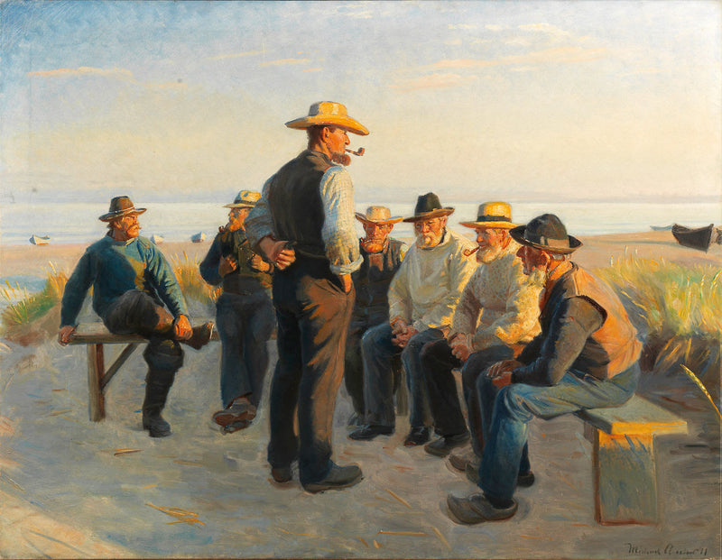 Kalastajat lepäämässä Skagen Sydstrandilla kesäiltana. -Michael Peter Ancher