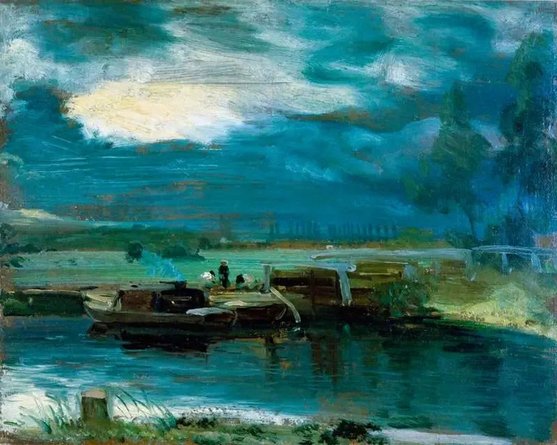 Paatteja Stour-joella Dedhamin kirkon kanssa kaukana taustalla - John Constable