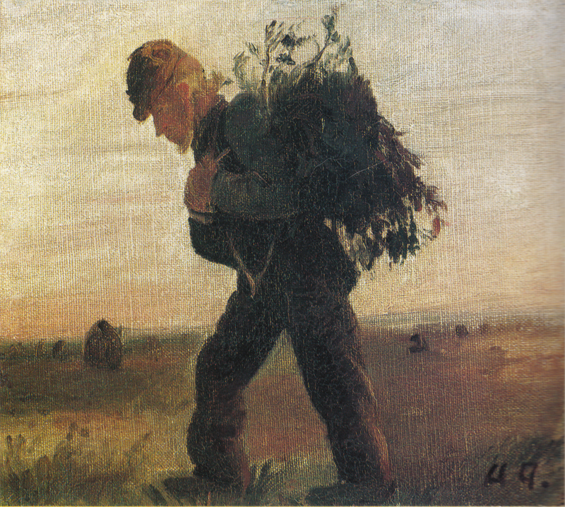 Per Bollerhus, oksanippu kädessään, ylittää nummen - Anna Ancher