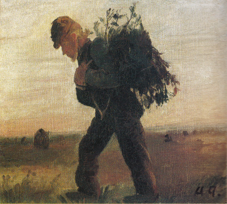 Per Bollerhus, oksanippu kädessään, ylittää nummen - Anna Ancher